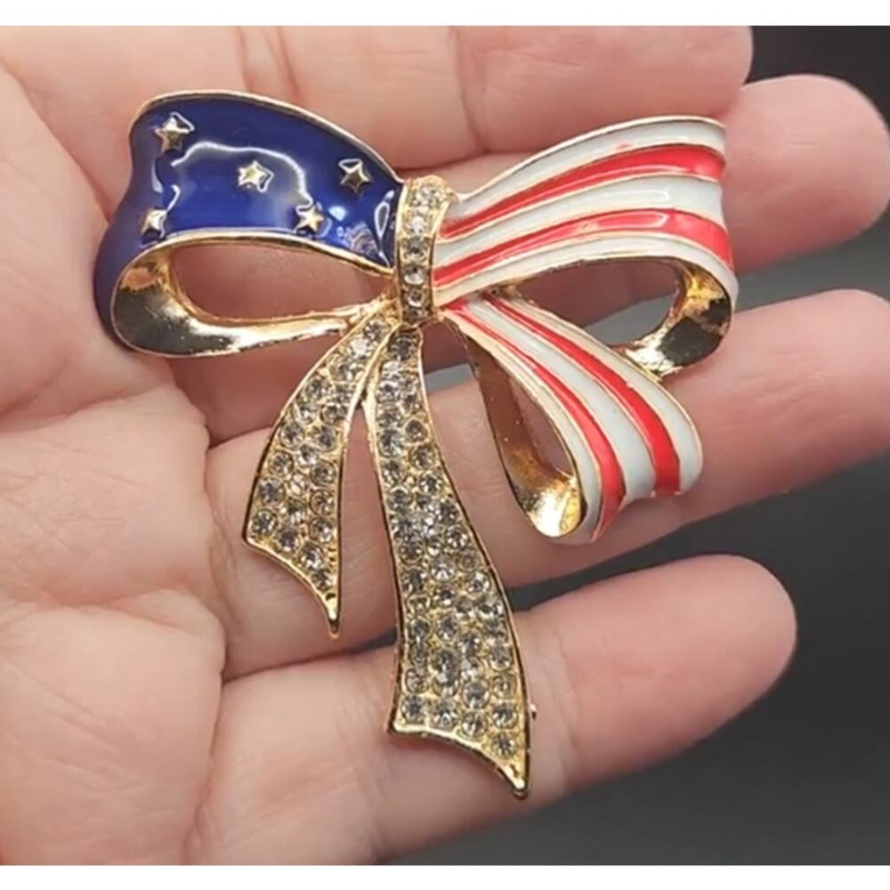 US Flag Ribbon Brooch Rhinestones and Enamel USA